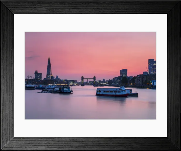 Framed Print : The Shard, Tower Bridge and City of London skyline with river boats on the River Thames at sunset, London, England, United Kingdom, Europe