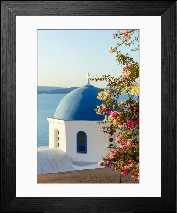 Framed Print : Blue domed white building with colourful flowers in foreground, Oia, Santorini, Cyclades, Greek Islands, Greece, Europe Framed Print : Blue domed white building with colourful flowers in foreground, Oia, Santorini, Cyclades, Greek Islands, Greece, Europe