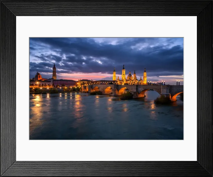 Framed Print : Basilica del Pilar Cathedral and Salvador Cathedral with stone bridge crossing Ebro River at night, Zaragoza, Aragon, Spain, Europe