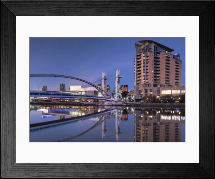 Framed Print : The Lowry Footbridge, Imperial Point Building and Lowry Centre at night, Salford Quays, Salford, Manchester, England, United Kingdom, Europe Framed Print : The Lowry Footbridge, Imperial Point Building and Lowry Centre at night, Salford Quays, Salford, Manchester, England, United Kingdom, Europe