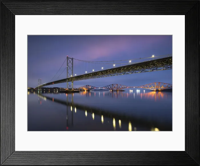Framed Print : The Forth Road Bridge and Forth Railway Bridge at night spanning the Firth of Forth, Queensferry, near Edinburgh, Lothian, Scotland, United Kingdom, Europe Framed Print : The Forth Road Bridge and Forth Railway Bridge at night spanning the Firth of Forth, Queensferry, near Edinburgh, Lothian, Scotland, United Kingdom, Europe