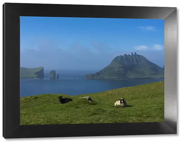 View of Tindholmur Island from Vagar Island, Faroe Islands, Denmark, Europe