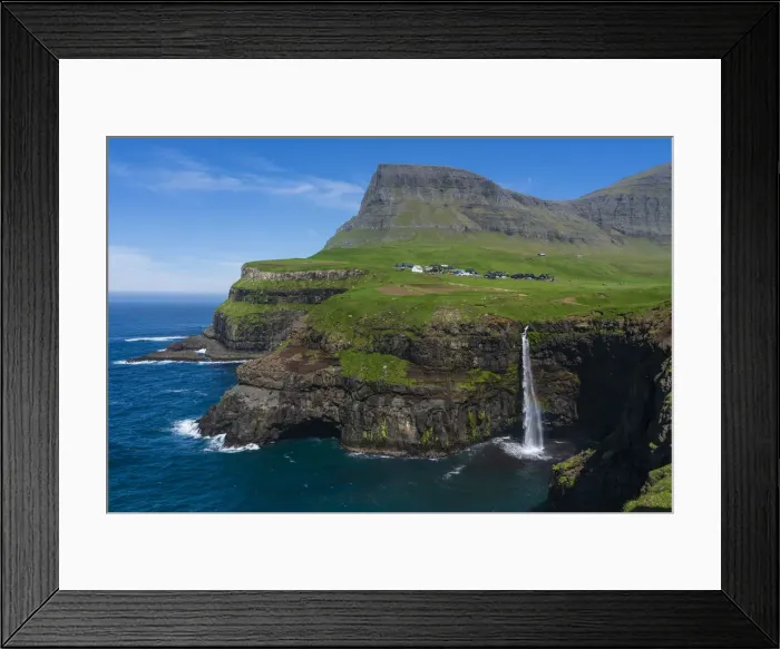 Framed Print : Mulafossur waterfall, Gasaldur, Vagar Island, Faroe Islands, Denmark, Europe Framed Print : Mulafossur waterfall, Gasaldur, Vagar Island, Faroe Islands, Denmark, Europe