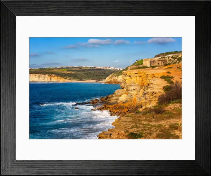 Framed Print : Milreu fortress on the cliff and Ribeira d ilhas beach in Ericeira, Portugal, Europe Framed Print : Milreu fortress on the cliff and Ribeira d ilhas beach in Ericeira, Portugal, Europe