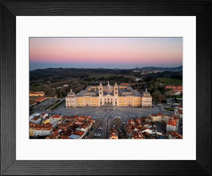 Framed Print : City drone aerial view at sunset with iconic Palace, Mafra, Portugal, Europe