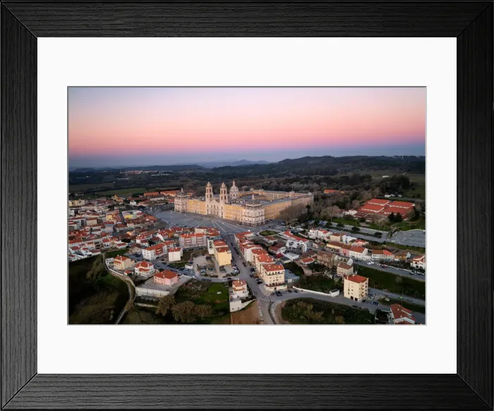 Framed Print : City drone aerial view at sunset with iconic Palace, Mafra, Portugal, Europe Framed Print : City drone aerial view at sunset with iconic Palace, Mafra, Portugal, Europe