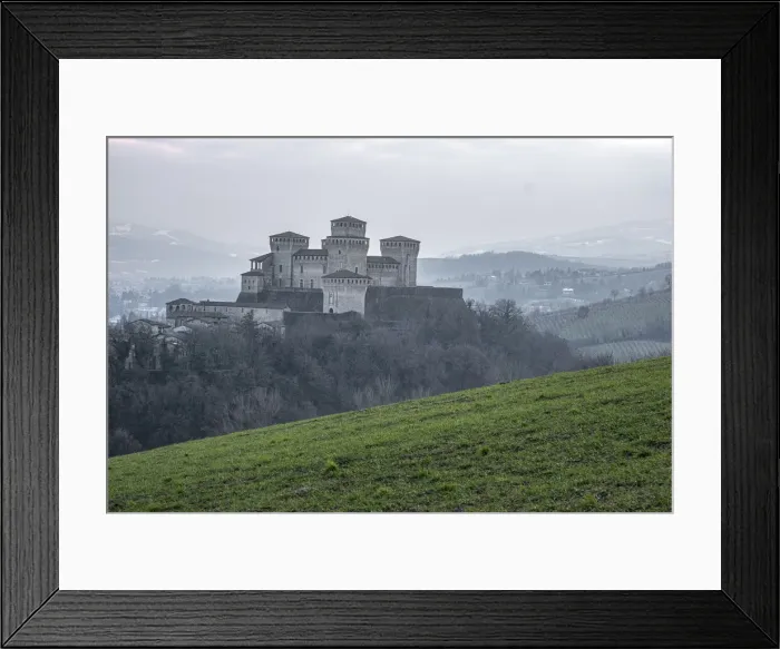 Framed Print : Medieval castle of Torrechiara with square towers on a hill on a foggy day, Torrechiara, Emilia Romagna, Italy, Europe Framed Print : Medieval castle of Torrechiara with square towers on a hill on a foggy day, Torrechiara, Emilia Romagna, Italy, Europe