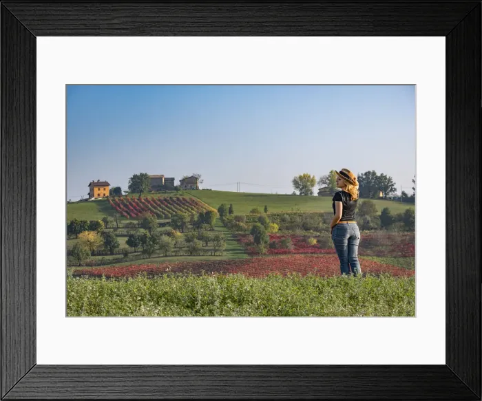 Framed Print : Young woman with blonde hair wearing a hat looking at a hill covered by red vineyards in autumn, Emilia Romagna, Italy, Europe