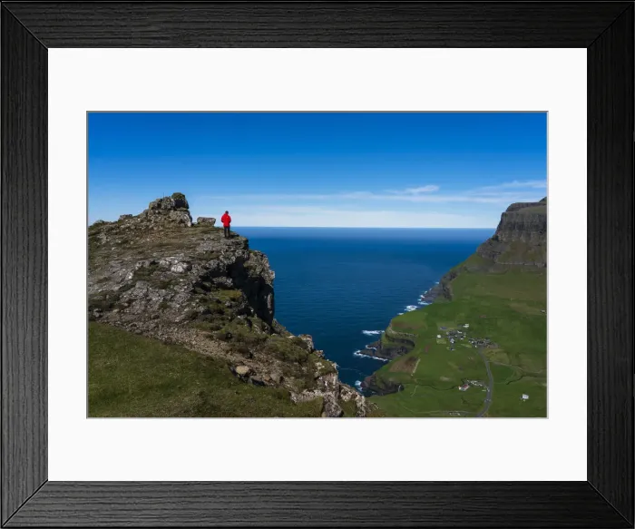 Framed Print : Hiker on The Postmans Trail to the village of Gasaldur, Vagar Island, Faroe Islands, Denmark, Europe Framed Print : Hiker on The Postmans Trail to the village of Gasaldur, Vagar Island, Faroe Islands, Denmark, Europe