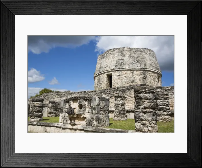 Framed Print : Chac Mask in the foreground, Round Temple in the background, Mayan Ruins, Mayapan Archaeological Zone, Yucatan State, Mexico, North America Framed Print : Chac Mask in the foreground, Round Temple in the background, Mayan Ruins, Mayapan Archaeological Zone, Yucatan State, Mexico, North America