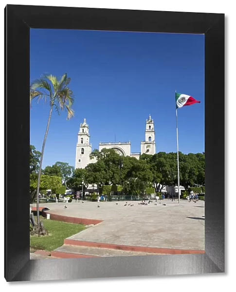 Mexican flag, Plaza Grande, Cathedral de IIdefonso in the background, Merida, Yucatan State, Mexico, North America
