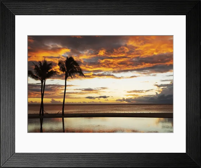 Framed Print : Palm trees silhouetted against red clouds reflect in an infinity pool during sunset over a beach at Flic en Flac, Mauritius, Indian Ocean, Africa Framed Print : Palm trees silhouetted against red clouds reflect in an infinity pool during sunset over a beach at Flic en Flac, Mauritius, Indian Ocean, Africa