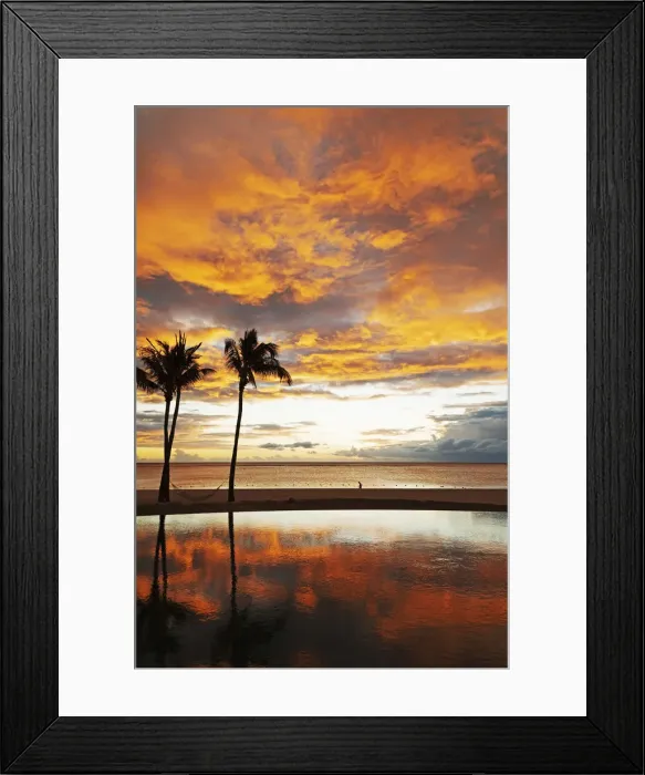 Framed Print : Palm trees silhouetted against red clouds reflect in an infinity pool during sunset over a beach at Flic en Flac, Mauritius, Indian Ocean, Africa Framed Print : Palm trees silhouetted against red clouds reflect in an infinity pool during sunset over a beach at Flic en Flac, Mauritius, Indian Ocean, Africa