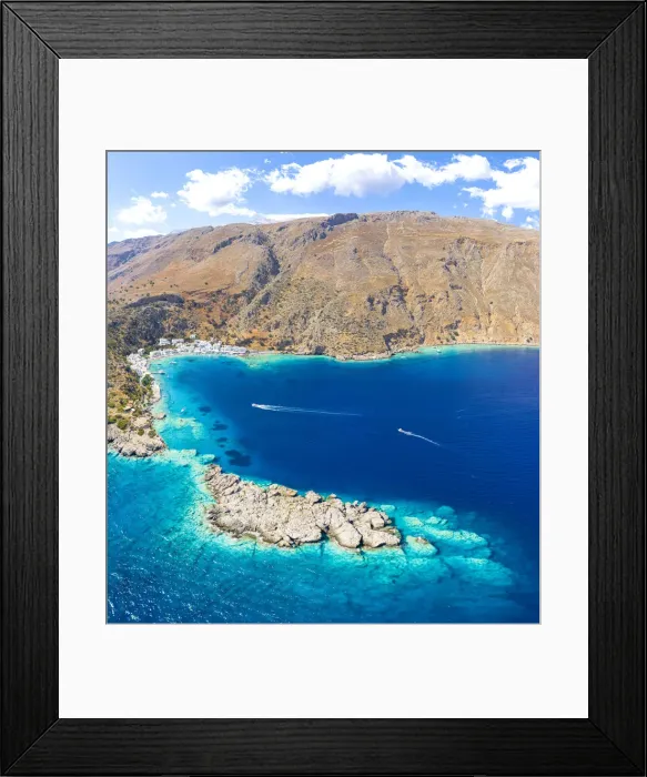 Framed Print : Aerial view of the village of Loutro nestled in the idyllic cove washed by turquoise sea, Crete island, Greek Islands, Greece, Europe
