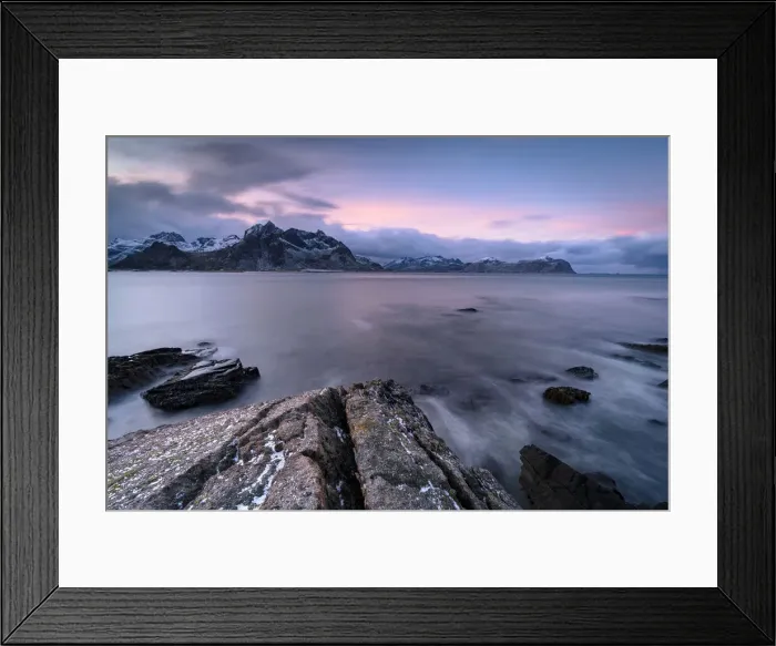 Framed Print : Pink Arctic sunrise over snowcapped mountains and frozen fjord, Vareid, Flakstad, Nordland county, Lofoten Islands, Norway, Scandinavia, Europe