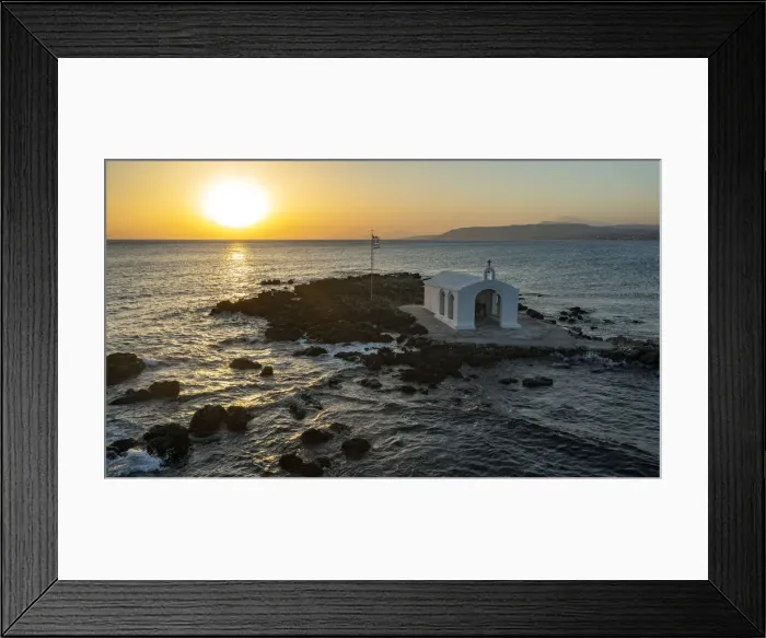 Framed Print : Aerial view of the small church of Agios Nikolaos on islet by the rough sea at sunrise, Georgioupolis, Crete island, Greek Islands, Greece, Europe Framed Print : Aerial view of the small church of Agios Nikolaos on islet by the rough sea at sunrise, Georgioupolis, Crete island, Greek Islands, Greece, Europe