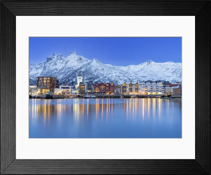 Framed Print : Coastal town of Svolvaer framed by snowcapped mountains at dusk, Nordland county, Lofoten Islands, Norway, Scandinavia, Europe