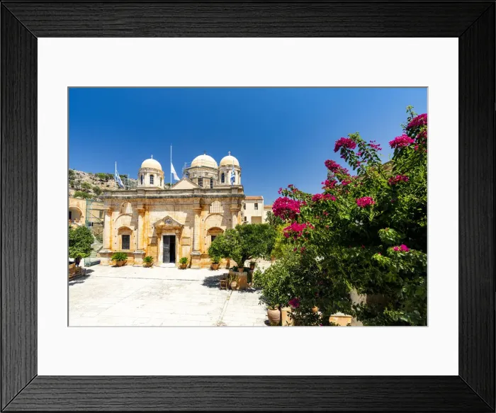Framed Print : Facade of the old monastery of Agia Triada of Tzagarolon surrounded by bougainvillea in summer, Crete island, Greek Islands, Greece, Europe Framed Print : Facade of the old monastery of Agia Triada of Tzagarolon surrounded by bougainvillea in summer, Crete island, Greek Islands, Greece, Europe