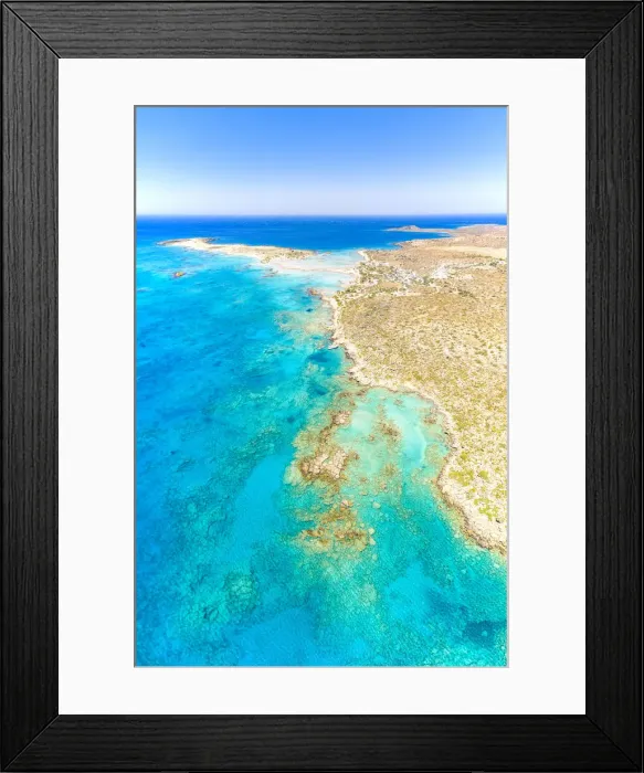 Framed Print : Aerial view of crystal transparent sea washing the sand beach of Elafonisi, Crete island, Greek Islands, Greece, Europe Framed Print : Aerial view of crystal transparent sea washing the sand beach of Elafonisi, Crete island, Greek Islands, Greece, Europe