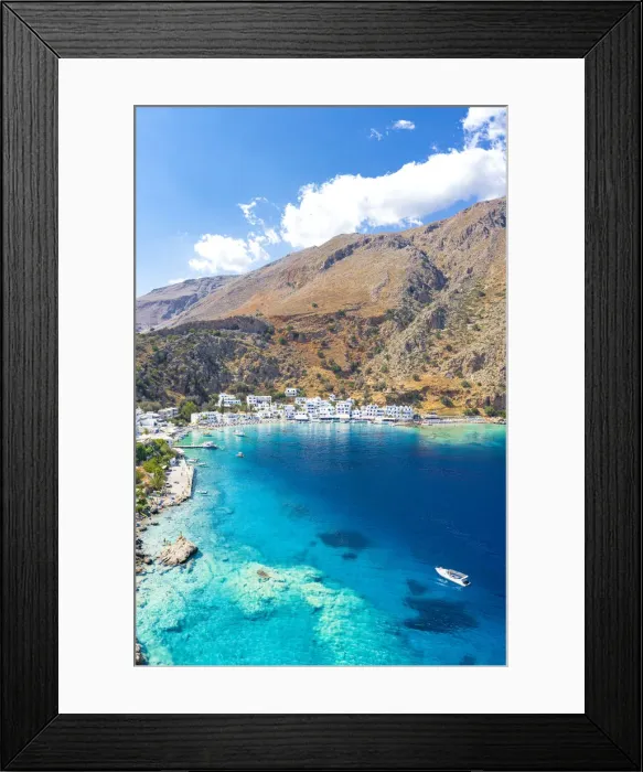 Framed Print : Aerial view of seaside village of Loutro nestled in the idyllic cove washed by turquoise sea, Crete island, Greek Islands, Greece, Europe Framed Print : Aerial view of seaside village of Loutro nestled in the idyllic cove washed by turquoise sea, Crete island, Greek Islands, Greece, Europe