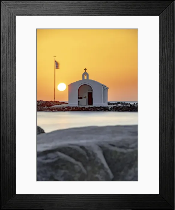 Framed Print : Sun rising over the iconic Agios Nikolaos church and cliffs, Georgioupolis, Crete island, Greek Islands, Greece, Europe Framed Print : Sun rising over the iconic Agios Nikolaos church and cliffs, Georgioupolis, Crete island, Greek Islands, Greece, Europe