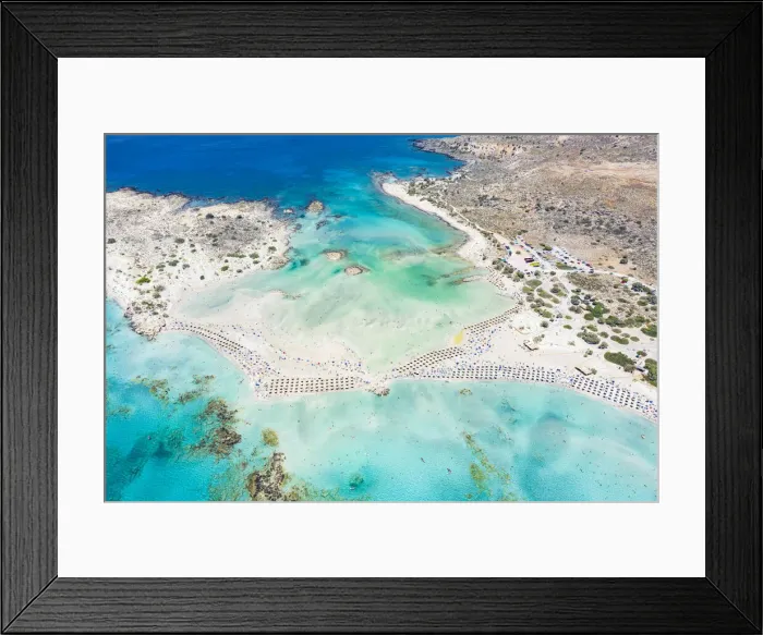 Framed Print : Aerial view of the equipped Elafonissi beach set in the unspoiled turquoise lagoon, Crete island, Greek Islands, Greece, Europe Framed Print : Aerial view of the equipped Elafonissi beach set in the unspoiled turquoise lagoon, Crete island, Greek Islands, Greece, Europe
