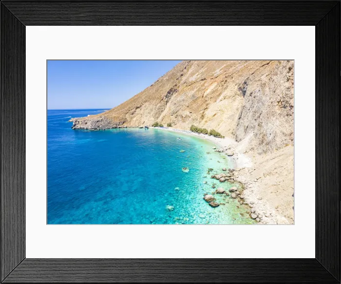Framed Print : Aerial view of the scenic Glyka Nera beach by the crystal turquoise sea, Hora Sfakion, Crete island, Greek Islands, Greece, Europe Framed Print : Aerial view of the scenic Glyka Nera beach by the crystal turquoise sea, Hora Sfakion, Crete island, Greek Islands, Greece, Europe