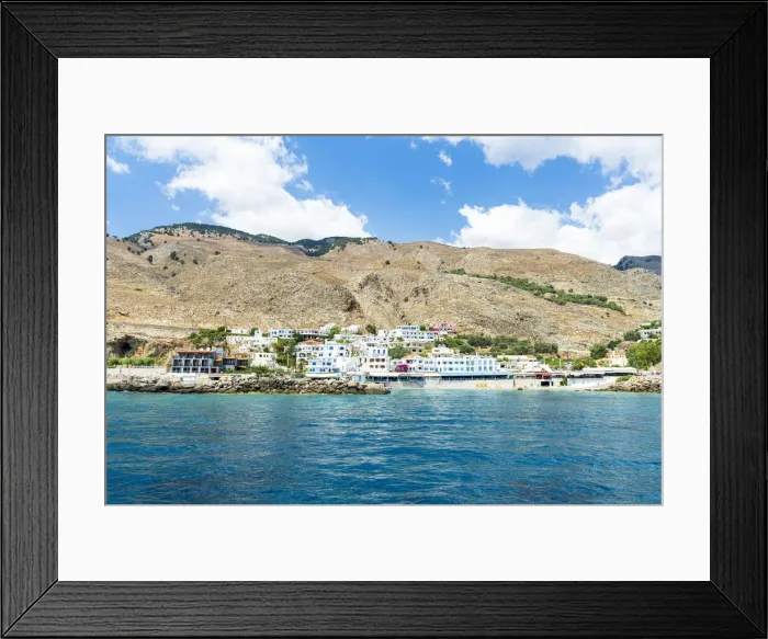 Framed Print : Seaside town resort of Hora Sfakion view from boat trip in the blue sea, Crete island, Greek Islands, Greece, Europe Framed Print : Seaside town resort of Hora Sfakion view from boat trip in the blue sea, Crete island, Greek Islands, Greece, Europe