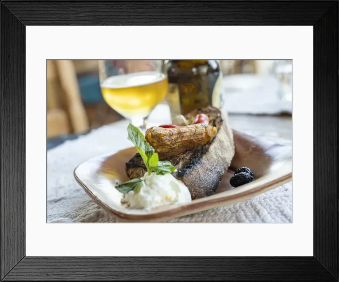 Framed Print : Greek appetizer of stuffed zucchini flowers served with bruschetta and tzatziki sauce in wood bowl, Crete, Greek Islands, Greece, Europe Framed Print : Greek appetizer of stuffed zucchini flowers served with bruschetta and tzatziki sauce in wood bowl, Crete, Greek Islands, Greece, Europe