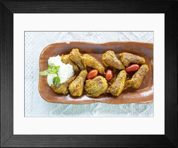 Framed Print : Traditional fried stuffed zucchini flowers with Tzatziki sauce, Crete island, Greek Islands, Greece, Europe Framed Print : Traditional fried stuffed zucchini flowers with Tzatziki sauce, Crete island, Greek Islands, Greece, Europe