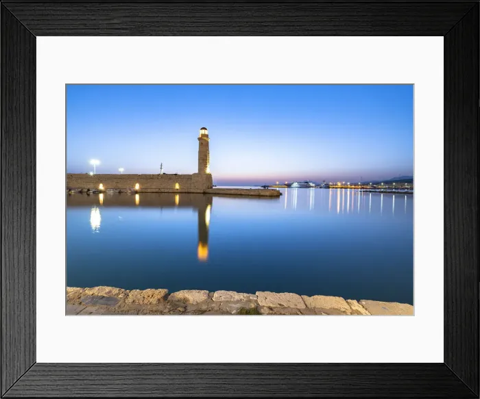 Framed Print : Old lighthouse reflected in the calm sea during the blue hour, Rethymno, Crete island, Greek Islands, Greece, Europe Framed Print : Old lighthouse reflected in the calm sea during the blue hour, Rethymno, Crete island, Greek Islands, Greece, Europe
