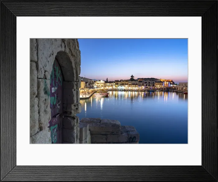 Framed Print : Lights of old Venetian port reflected in the sea at dusk, Rethymno, Crete island, Greek Islands, Greece, Europe Framed Print : Lights of old Venetian port reflected in the sea at dusk, Rethymno, Crete island, Greek Islands, Greece, Europe