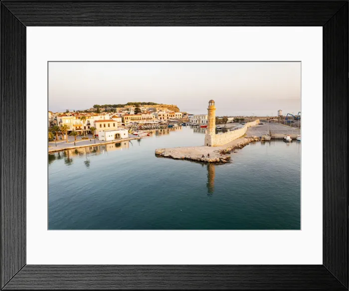 Framed Print : Aerial view of the calm sea at dawn surrounding the old Venetian port and lighthouse, Rethymno, Crete island, Greek Islands, Greece, Europe Framed Print : Aerial view of the calm sea at dawn surrounding the old Venetian port and lighthouse, Rethymno, Crete island, Greek Islands, Greece, Europe