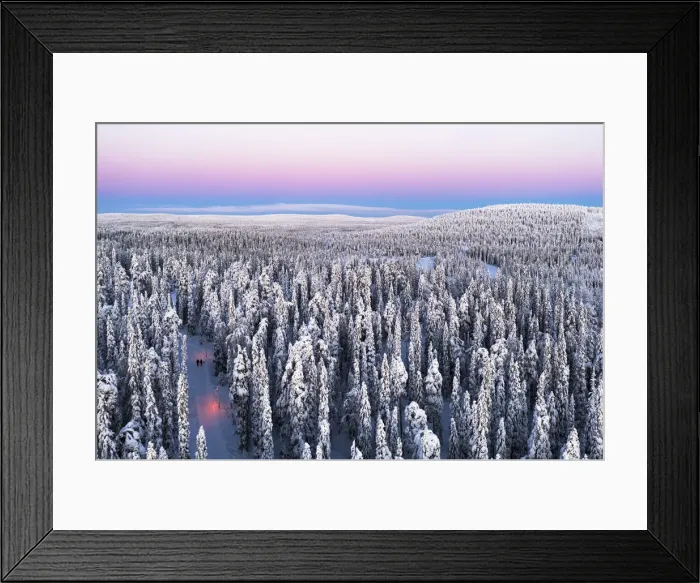 Framed Print : Aerial view of two hikers walking in the snowcapped forest at dawn, Iso-Syote, Lapland, Finland, Europe Framed Print : Aerial view of two hikers walking in the snowcapped forest at dawn, Iso-Syote, Lapland, Finland, Europe