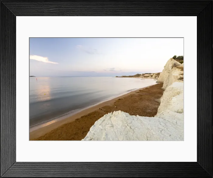 Framed Print : Calm sea at dawn framed by limestone cliffs overlooking the gold sand of Xi beach, Kefalonia, Ionian Islands, Greek Islands, Greece, Europe Framed Print : Calm sea at dawn framed by limestone cliffs overlooking the gold sand of Xi beach, Kefalonia, Ionian Islands, Greek Islands, Greece, Europe