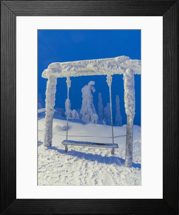 Framed Print : Isolated seesaw in the frozen forest at dusk, Iso-Syote, Lapland, Finland, Europe Framed Print : Isolated seesaw in the frozen forest at dusk, Iso-Syote, Lapland, Finland, Europe