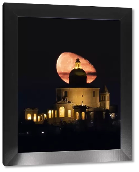 Moon third quarter above San Luca Sanctuary at night, Bologna, Emilia Romagna, Italy, Europe