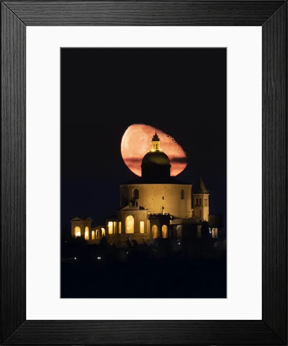 Framed Print : Moon third quarter above San Luca Sanctuary at night, Bologna, Emilia Romagna, Italy, Europe