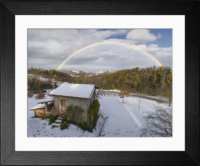 Framed Print : Rainbow arch above a small cottage and a snowy winter countryside landscape, Emilia Romagna, Italy, Europe Framed Print : Rainbow arch above a small cottage and a snowy winter countryside landscape, Emilia Romagna, Italy, Europe