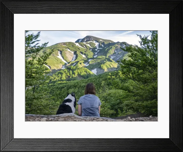 Framed Print : A girl sitting beside her border collie dog staring at a mountain landscape of Cusna Mountain, Emilia Romagna, Italy, Europe Framed Print : A girl sitting beside her border collie dog staring at a mountain landscape of Cusna Mountain, Emilia Romagna, Italy, Europe