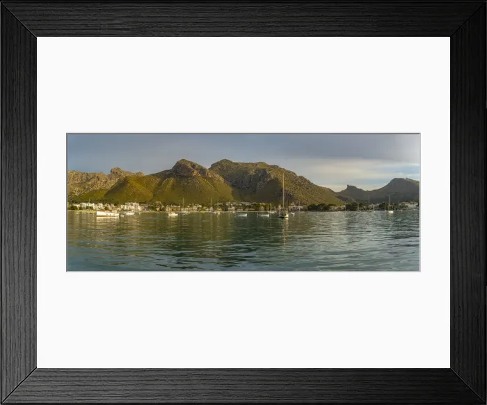 Framed Print : View of sunrise reflecting on hotels and bars in Port de Pollenca, Port de Pollenca, Majorca, Balearic Islands, Spain, Mediterranean, Mediterranean, Europe Framed Print : View of sunrise reflecting on hotels and bars in Port de Pollenca, Port de Pollenca, Majorca, Balearic Islands, Spain, Mediterranean, Mediterranean, Europe