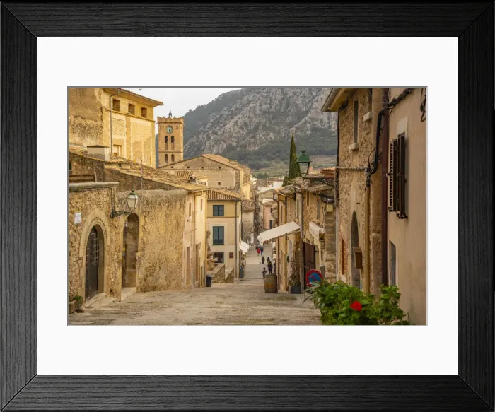 Framed Print : View of church clock tower and street in the old town of Pollenca, Pollenca, Majorca, Balearic Islands, Spain, Mediterranean, Europe Framed Print : View of church clock tower and street in the old town of Pollenca, Pollenca, Majorca, Balearic Islands, Spain, Mediterranean, Europe
