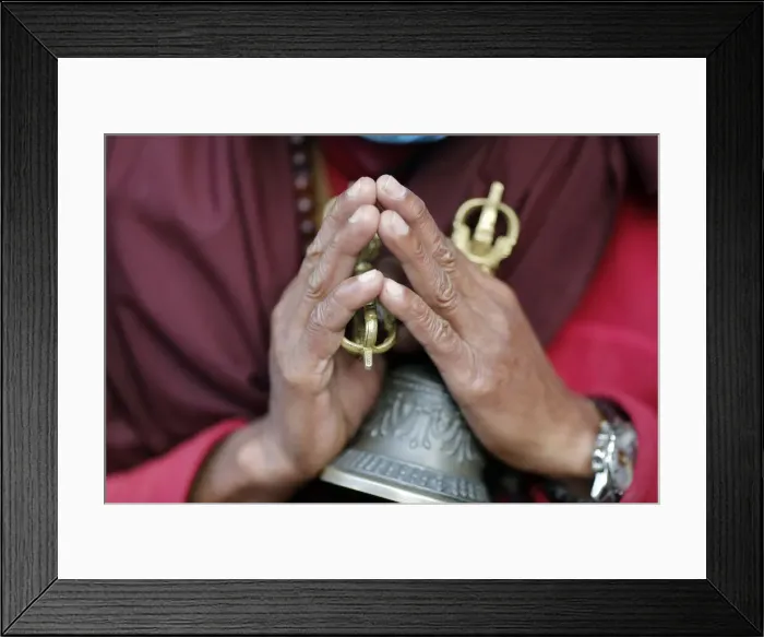 Framed Print : Buddhist monk (lama) in traditional robes holding ritual attributes of Buddhism, rosary, vajra, bell, Pema Osel Ling Monastery, Kathmandu, Nepal, Asia Framed Print : Buddhist monk (lama) in traditional robes holding ritual attributes of Buddhism, rosary, vajra, bell, Pema Osel Ling Monastery, Kathmandu, Nepal, Asia