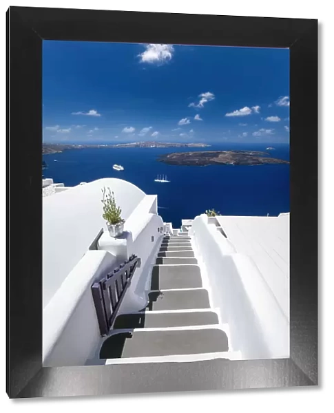 Santorini, stairs with a view to the sea and Caldera, Santorini, Cyclades, Greek Islands, Greece, Europe
