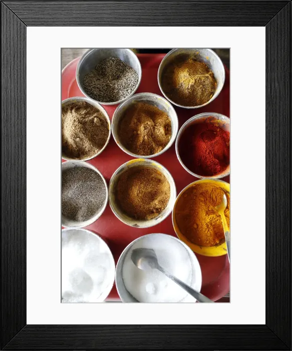 Framed Print : Traditional Nepalese restaurant, curry, salt and spices, Kathmandu, Nepal, Asia