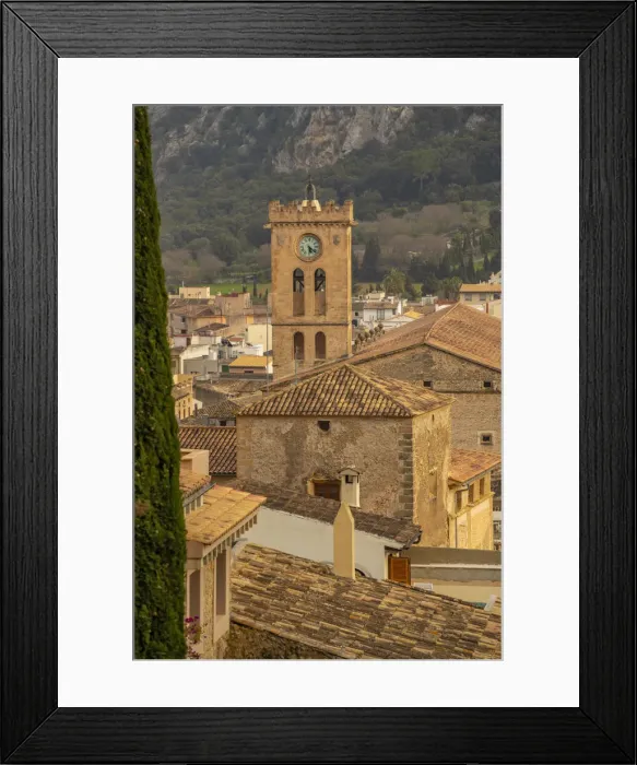 Framed Print : View of church clock tower and rooftops in the old town of Pollenca, Pollenca, Majorca, Balearic Islands, Spain, Mediterranean, Europe Framed Print : View of church clock tower and rooftops in the old town of Pollenca, Pollenca, Majorca, Balearic Islands, Spain, Mediterranean, Europe