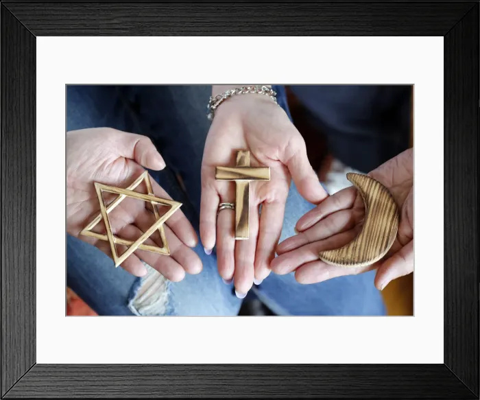 Framed Print : Christianity, Islam and Judaism, Bible, Quran and Torah, interreligious symbols, faith and spirituality concept, France, Europe Framed Print : Christianity, Islam and Judaism, Bible, Quran and Torah, interreligious symbols, faith and spirituality concept, France, Europe