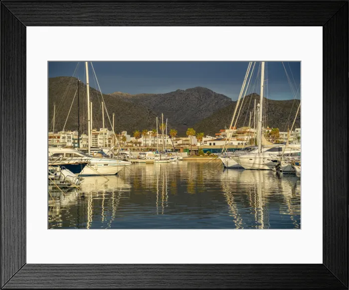 Framed Print : View of sunrise reflecting on yachts in Port de Pollenca Marina, Port de Pollenca, Majorca, Balearic Islands, Spain, Mediterranean, Europe Framed Print : View of sunrise reflecting on yachts in Port de Pollenca Marina, Port de Pollenca, Majorca, Balearic Islands, Spain, Mediterranean, Europe