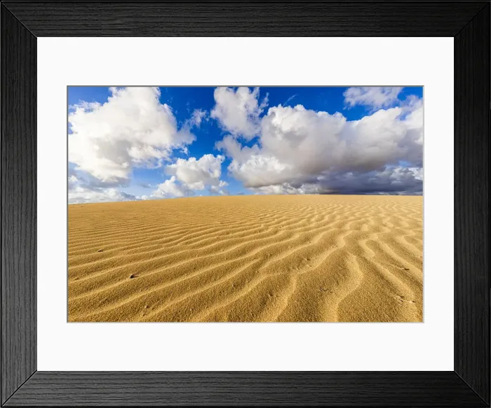 Framed Print : Fluffy clouds over desert sand dunes modeled by wind, Corralejo Natural Park, Fuerteventura, Canary Islands, Spain, Atlantic, Europe Framed Print : Fluffy clouds over desert sand dunes modeled by wind, Corralejo Natural Park, Fuerteventura, Canary Islands, Spain, Atlantic, Europe