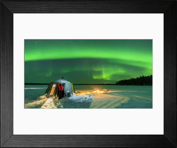 Framed Print : Hiker watching the Aurora Borealis (Northern Lights) close to bonfire and igloo in the frozen landscape, Jokkmokk, Lapland, Sweden, Scandinavia, Europe Framed Print : Hiker watching the Aurora Borealis (Northern Lights) close to bonfire and igloo in the frozen landscape, Jokkmokk, Lapland, Sweden, Scandinavia, Europe